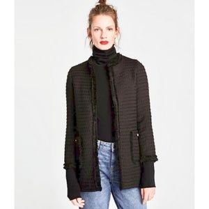 Zara Frayed Frock Coat with Textured Weave Black.